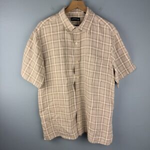 Orvis 100% Linen Mens Large Short Sleeve Button Up Camp Shirt Beige White‎ Plaid